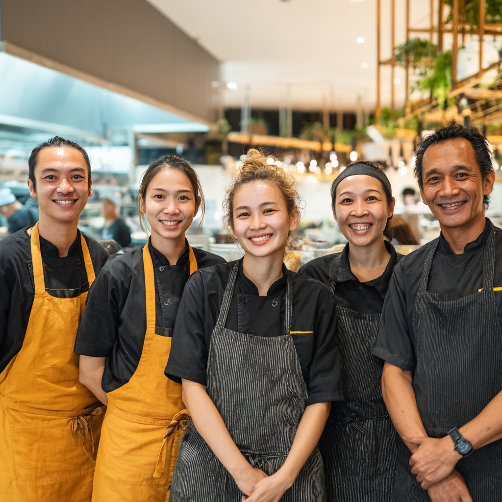 EAT結の多国籍なスタッフチーム - 笑顔で働く5名のレストランスタッフ